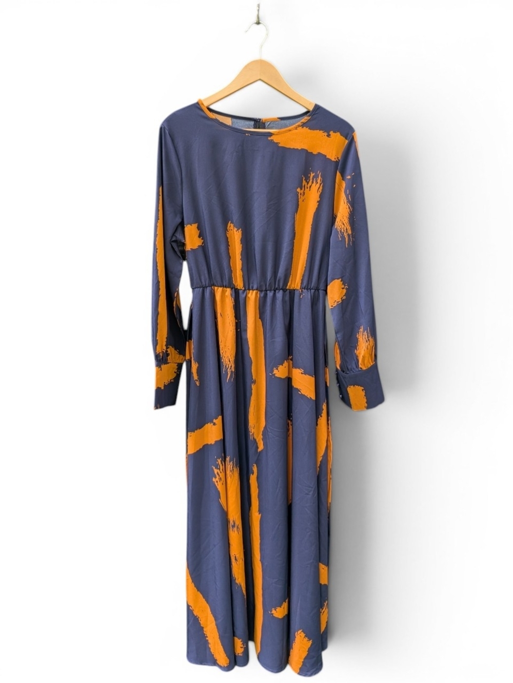 Long Sleeve Maxi Dress in Blue with Orange Brushstroke Print